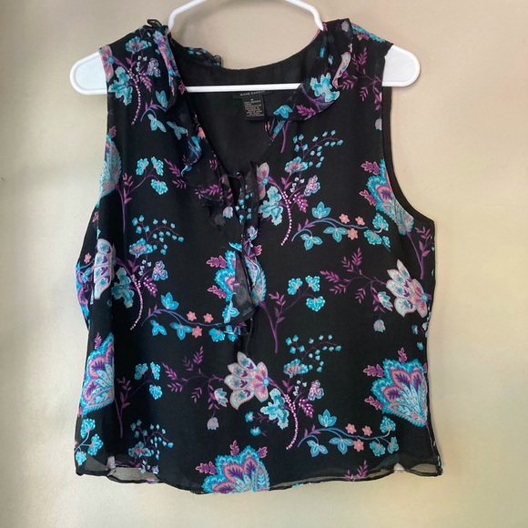 Anne Carson Beautiful Black & Blue Floral 100% Silk Tank Top M - Picture 3 of 7